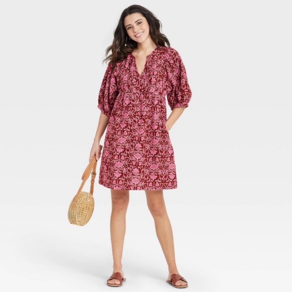 NWOT XS Pink Floral Print Puff Elbow Sleeve Dress